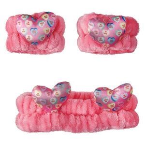 Pink Plush Conversation Heart Headband & Wristband Set Spa Skincare Accessories
